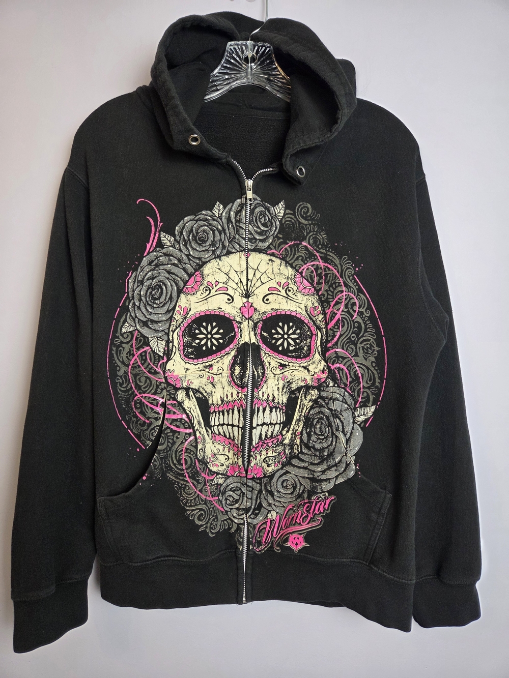 *RARE* Wornstar Calavera Hoodie Sugar Skull Graphic Womens L Pink Retired Style